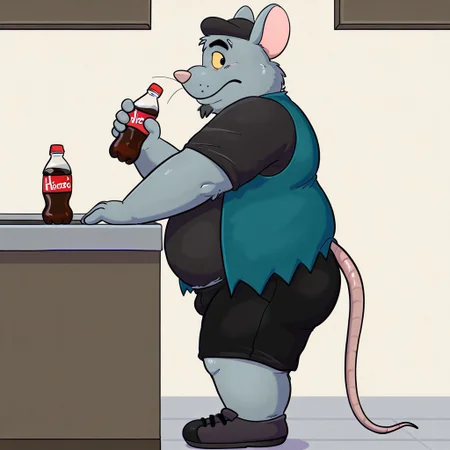 Hacker, Mouse, fat, chubby, hat, black goatee, pink nose, tail, Yellow sclera, incisors, tattered clothes, turquoise vest, black shirt, black shorts, black shoes, black hat, standing, leaning against counter, kitchen, holding soda bottle, eyebrow raised, side view, neutral expression, looking at pov,