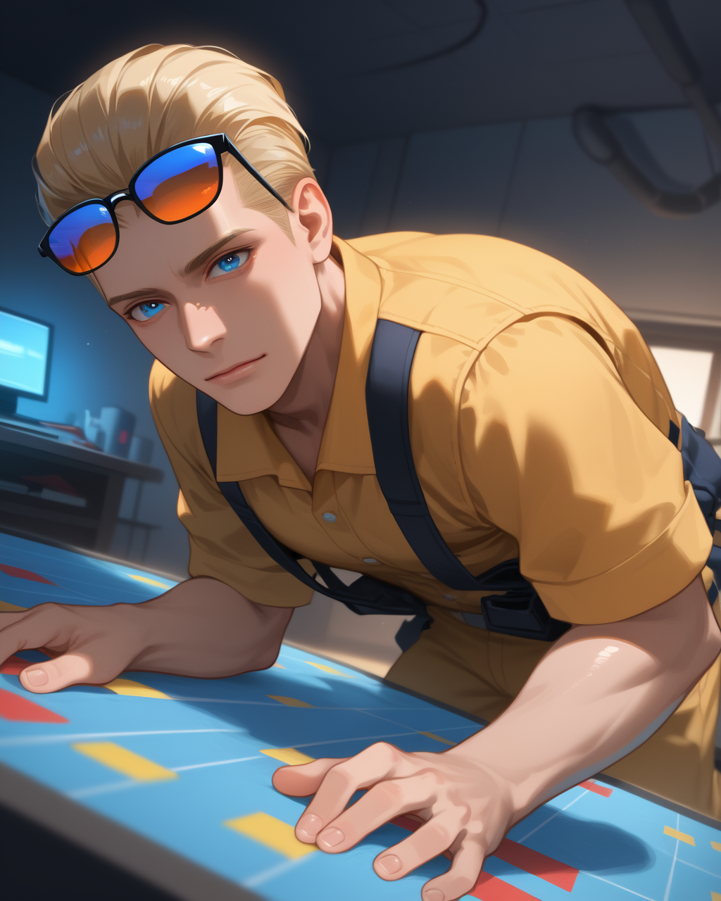 PonyScores7, source_anime, ah1, best quality, (masterpiece:1.4), (high quality:1.4), sharp focus, 4k, absurd resolution, <lora:albertwesker-guy-PONYv1:0.8> albertwesker, albert wesker, 1boy,  blonde, (sunglasses:1.3), looking at viewer, toned, athletic, fit, slicked back hair, mature male, short hair, (alien ambassador, with a cultural exchange device fostering understanding between different species diplomatic and empathetic), (a vibrant dance floor illuminated by colorful strobe lights, with a glittering disco ball spinning overhead, reflecting shimmering beams across the room), bad-hands-5, ((Euphoric, Intensely happy or confident expression)), <lora:xl_more_art-full_v1:0.2>, <lora:shinyskin2:0.2> glistening skin, <lora:aesthetic_anime_v1s:0.2>, <lora:Expressive_H:0.2> Expressiveh, <lora:hairdetailpxl:0.2> hairdetailpxl, <lora:detailxl:0.2> detailxl, (Eye-level angle (from behind) view Extreme Close shot (focus on head)), (Firefighter Uniform), (focused, intense glare), short hair, blue eyes, best quality, amazing quality, best aesthetic, absurdres, <lora:expressive eyes:0.2> expressive eyes, <lora:eyedetailpxl:0.2> eyedetailpxl, illustration, Volumetric_Lighting, ultra-detailed, very aesthetic, intricate details, 8k, masterpiece, best_quality, (angular face, sharp_featured face), <lora:Eyes_High_Definition:0.2> EyesHD, handsome, charming, alluring, AS-MidAged,
