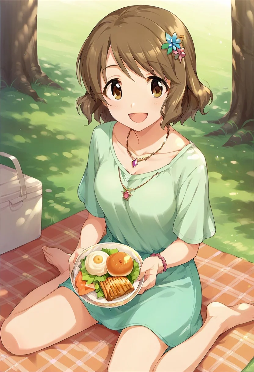 score_9, score_8_up, score_7_up, source_anime,tsukimiya miyabi, brown hair, brown eyes, short hair, 1girl, jewelry, necklace, solo, hair ornament, barefoot, smile, bento, picnic, food, sitting, open mouth