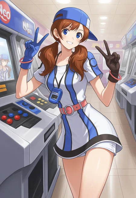 masterpiece, best quality, ultra-detailed, absurdres, newest, 1girl, solo, aingbc, brown hair, long hair, low twintails, blue eyes, baseball cap, multicolored dress, neo geo pocket color necklace, gloves, bracelet, belt, white shorts under dress, indoors, arcade, v, peace, smile,
