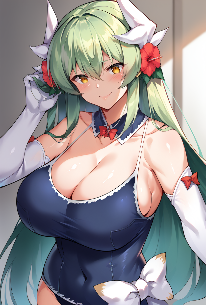 score_9,score_8_up,score_7_up,score_6_up,score_5_up,score_4_up, source_anime,  <lora:kiyohime_(lancer)_XL_1:1>  bbkiyo, long hair, green hair, white horns, hair flower, yellow eyes, detached collar, cleavage, school swimsuit, blue one-piece swimsuit, elbow gloves, white gloves, sash, blush, smile, huge breasts     <lora:Kirome-Style-PonyXL-Dora-000022:1>
