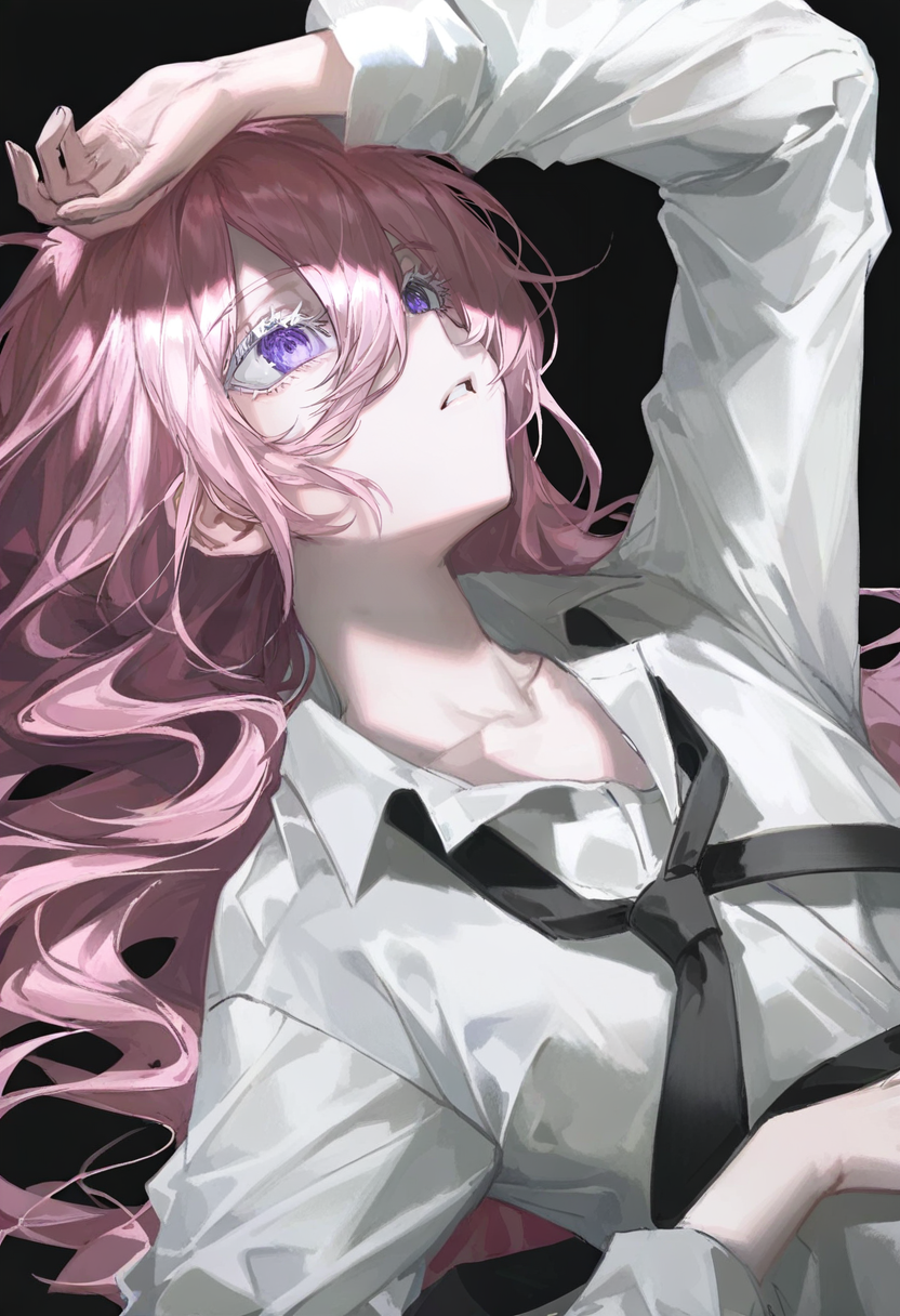 solo, long hair, shirt, lying, white shirt, 1girl, purple eyes, black background, on back, collared shirt, necktie, black necktie, simple background, long sleeves, pink hair, upper body, parted lips, hair between eyes, arm up <lora:quasarcakeXL_NBVP1_lokr_V6311P:0.95>