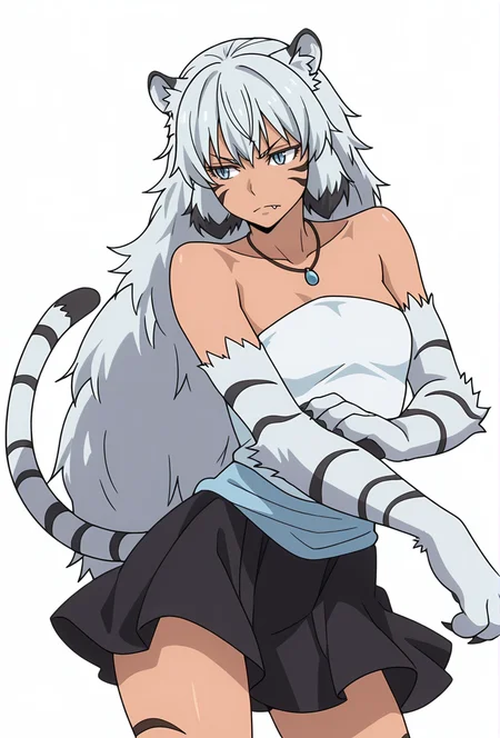 Smooth Quality,masterpiece,very intricate, high quality details, ultra realistic, high detailed skin,detailed enviorement,absurdres,
simple background, white background,solo,
front view,dancing,
annoyed,
<lora:Suphia_CNR_r1:0.8> suphia_cnr, 1girl,long hair, grey hair, blue eyes,dark-skinned female, facial mark,tiger ears, tiger tail, fang,monster girl,necklace,suphia_tiger,slit pupils,very long hair, white hair,bare shoulders, black skirt,claws,animal hands, thighs,