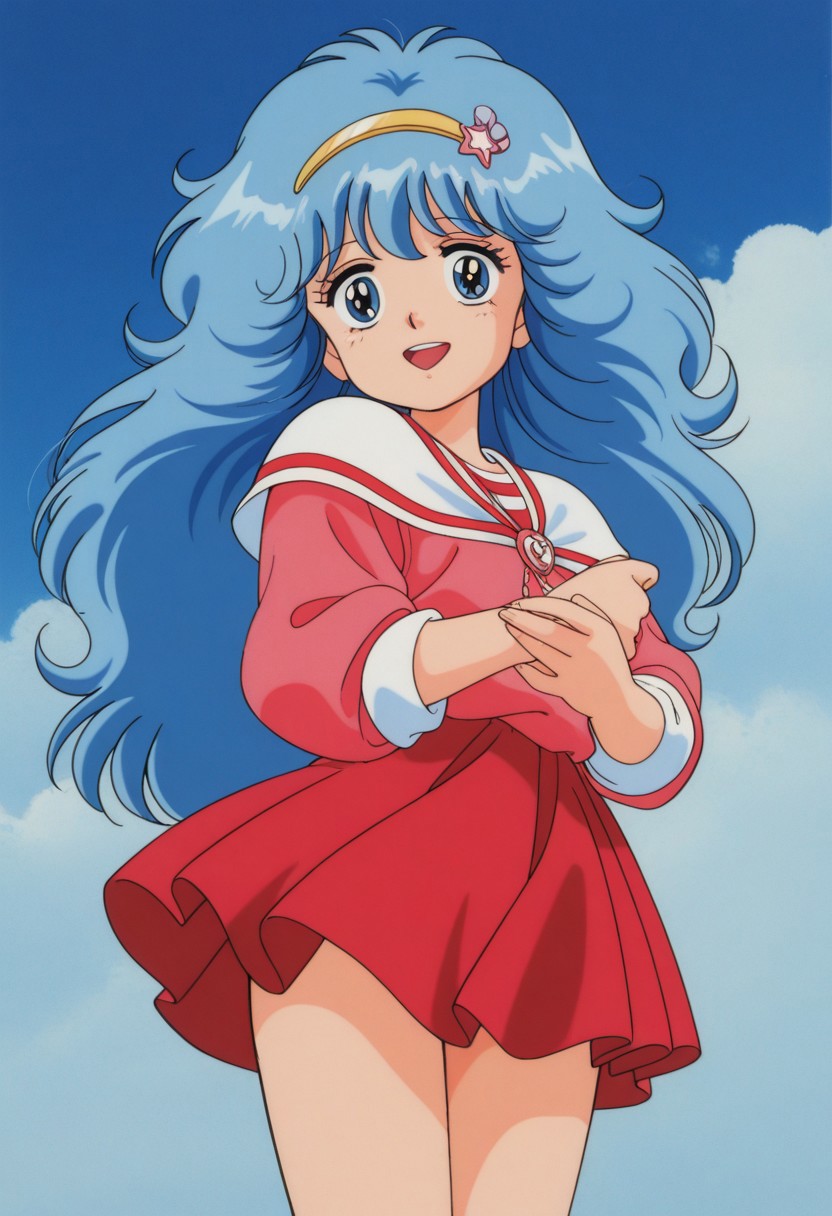 masterpiece, best quality, source_anime,official art,perfect_anatomy,1990s_\(style\),retro_artstyle,persia hayami,1girl,blue eyes,blue hair,long hair,big hair,hairband,hair ornament,school uniform,red_skirt,magical girl,looking_at_viewer,shy,smile,open mouth,bare_thighs,cowboy shot,close to viewer,day,blue_sky,cloud