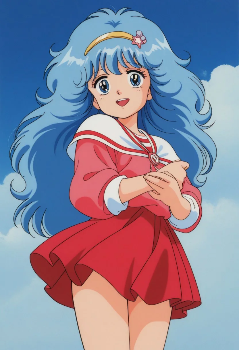 masterpiece, best quality, source_anime,official art,perfect_anatomy,1990s_\(style\),retro_artstyle,persia hayami,1girl,blue eyes,blue hair,long hair,big hair,hairband,hair ornament,school uniform,red_skirt,magical girl,looking_at_viewer,shy,smile,open mouth,bare_thighs,cowboy shot,close to viewer,day,blue_sky,cloud