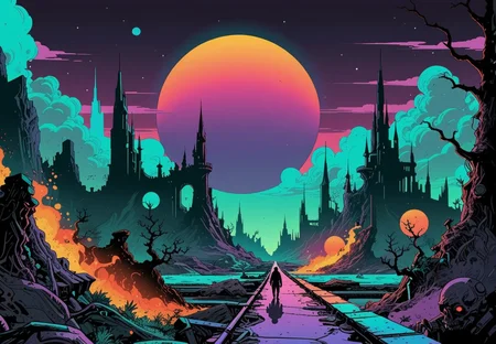 (epic:1.2), trending on artstation, (high quality:1.2), (masterpiece:1.2), high details, incredibly absurdres, colorful), (Manga Style:1.27), (Mike Mignola Art:1.36), (Vector Style, Sharp Edges:1.36), Gothic Art:1.33), (Synthwave Style:1.33), (Abstract Exprssionism:1.25), (2/3_front:0.56) (comp_right:0.74) ,, (location:(uranus:1.17) (road:1.25)),(color scheme:(purple theme:1.16) (green theme:1.36) (teal and tangerine:1.16),(iridescent:1.17) (gradient:1.29) (vignetting:1.27)),
