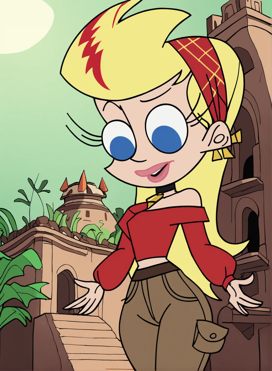 score_9,score_8_up,score_7_up,score_6_up,score_5_up, source_cartoon, SissyBlakely, 1girl, blonde hair, blue eyes, hairband, ponytail, long hair, (perspective), <lora:Jo001:1>, (Iris)(Crochet off-the-shoulder top with bell sleeves. :1.2), (Dark Brown)(Cargo pants with multiple pockets and a utility style.), (Underwater Temple with Ancient Artifacts :1.2),   (Pretending to slip on a banana peel), (interested face), JhnStyle, flat color