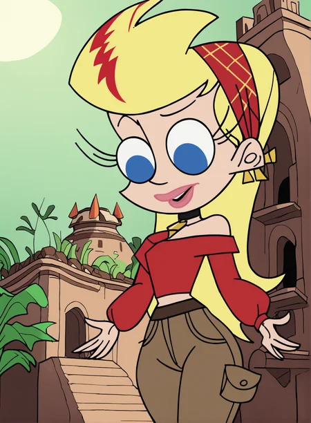 score_9,score_8_up,score_7_up,score_6_up,score_5_up, source_cartoon, SissyBlakely, 1girl, blonde hair, blue eyes, hairband, ponytail, long hair, (perspective), <lora:Jo001:1>, (Iris)(Crochet off-the-shoulder top with bell sleeves. :1.2), (Dark Brown)(Cargo pants with multiple pockets and a utility style.), (Underwater Temple with Ancient Artifacts :1.2), (Pretending to slip on a banana peel), (interested face), JhnStyle, flat color