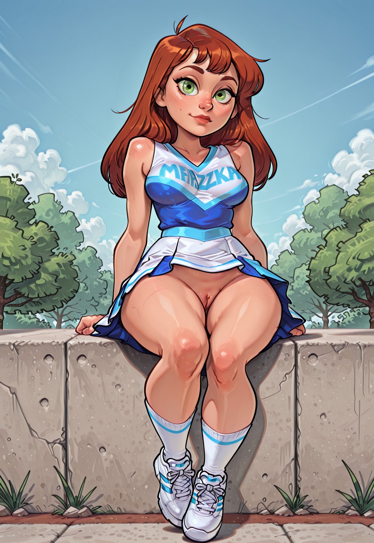 white girl,small head,pretty girl,fair skin,green eyes ((curvy body)),(medium breasts),dynamic angle,Dynamic pose,realistic,nsfw,portrait,full body,from below,sexy pose,1girl,solo,portrait,female focus,slim,long hair,auburn hair,bangs,melancholy expression,sitting,upskirt,no panties,smooth pussy,looking at viewer,beautiful,blue and white cheerleader uniform,outdoors, animish