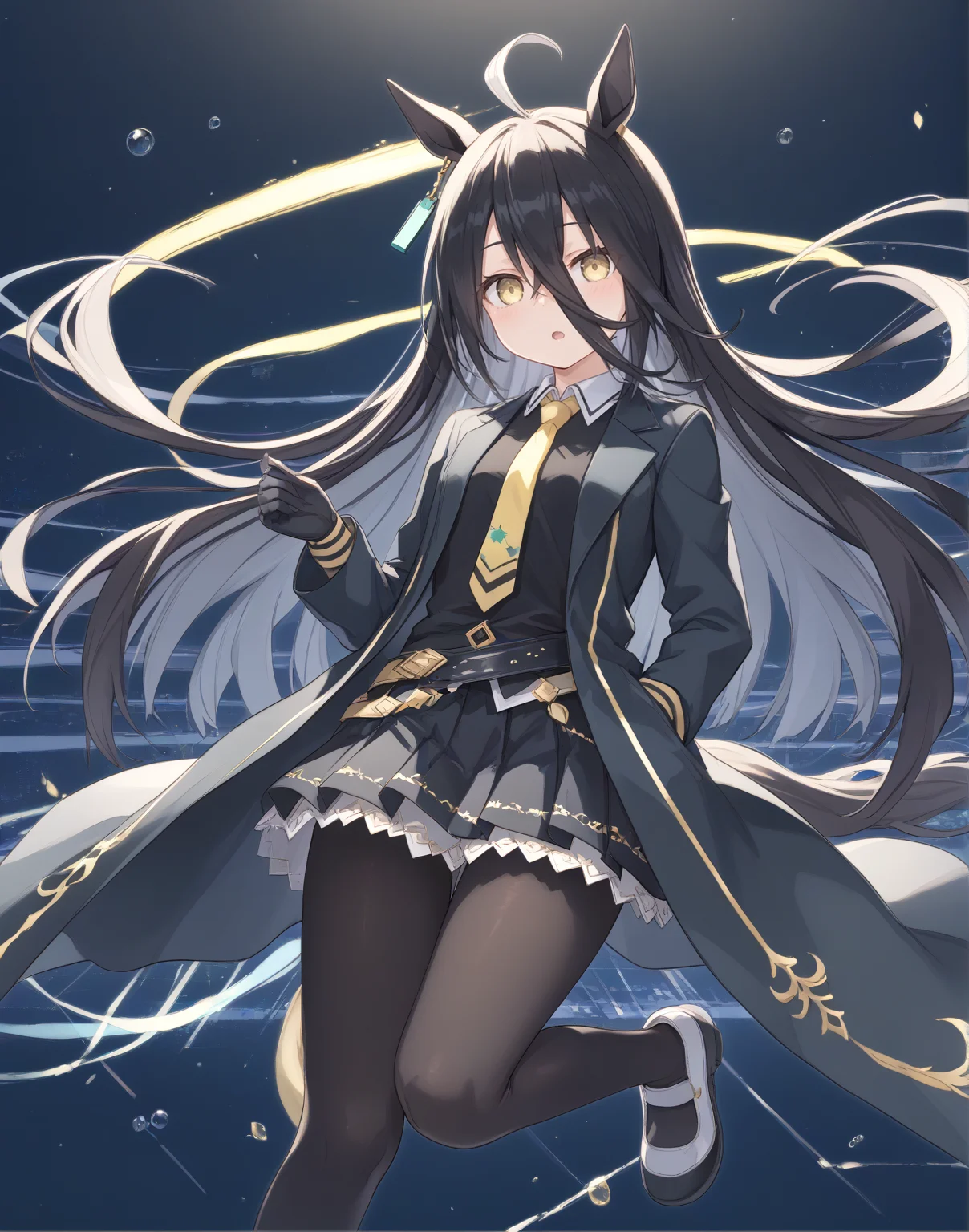 score_9, score_8_up, score_7_up, official art, masterpiece, high quality, megami magazine, official style, game cg, 1girl, (looking at viewer:1.4), (open mouth:1.0), , expressionless, blush, open stance, full body, patterned background,,
manhattan cafe (umamusume), ahoge, animal ears, black hair, highres, tail, horse tail, horse ears, horse girl, long hair, multicolored hair, hair between eyes, yellow eyes, shirt, skirt,
mht race, black skirt, earrings, single earring, jewelry, pantyhose, black pantyhose, long sleeves, very long hair, eyebrows visible through hair, eyes visible through hair, pleated skirt, long hair between eyes, gloves, black gloves, black jacket, collared shirt, jacket, necktie, yellow necktie, coat, black coat, black shirt, ,<lora:umamusume_manhattan_cafe_pony_v1:1>,
,