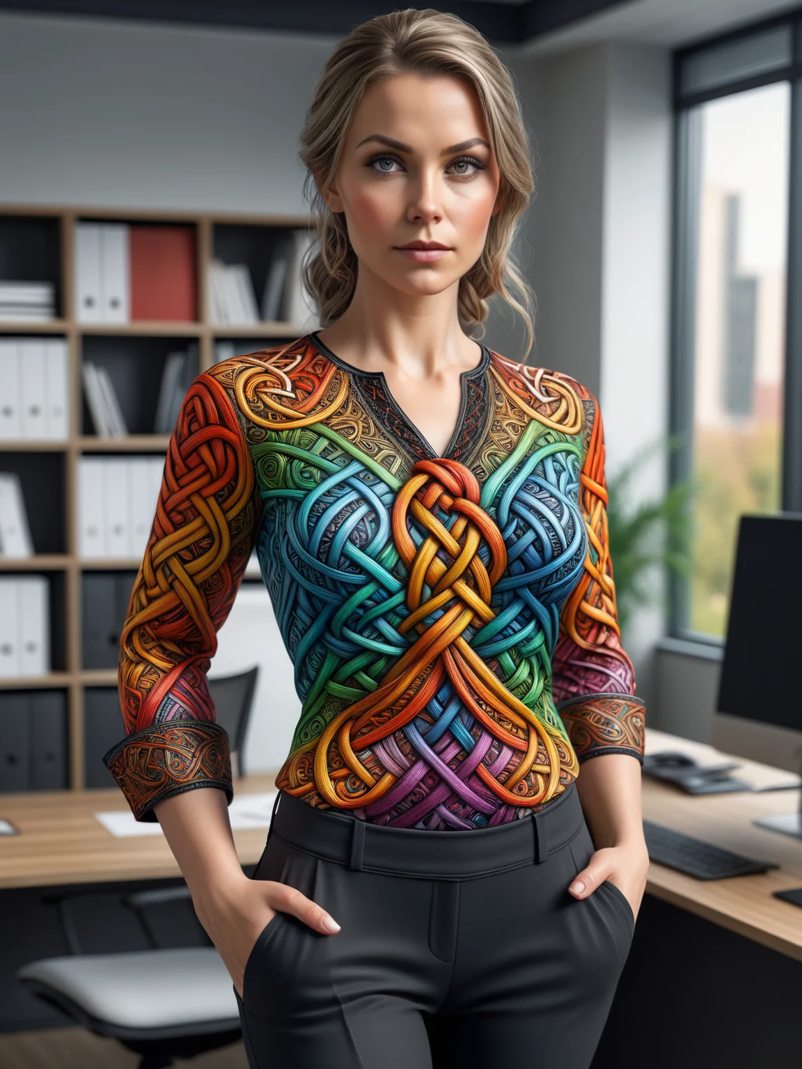 woman wearing a colorful mad-viking-knot blouse and black capris standing in (office:1.4), dynamic pose <lora:Colorful_Viking_Knot_SDXL:0.6>, (masterpiece:1.2), best quality, (hyperdetailed, highest detailed:1.2), high resolution textures