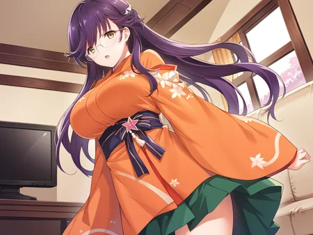 alicesoft,saki,skirt under dress,1girl,solo,japanese clothes,glasses,long hair,amber eyes,kimono,open mouth,orange kimono,skirt,wide sleeves,violet hair,large breasts,green skirt,skirt,
<lora:Alicesoft_-_Haha_Ranman_-_Mayuko_Saki_Uka:1>,indoors,living room,window,couch,television,standing,, score_9, score_8_up, score_7_up,source_anime,(masterpiece),(best quality),(ultra-detailed),(best illustration),(best shadow),(absurdres),(detailed background),(very aesthetic),source_anime