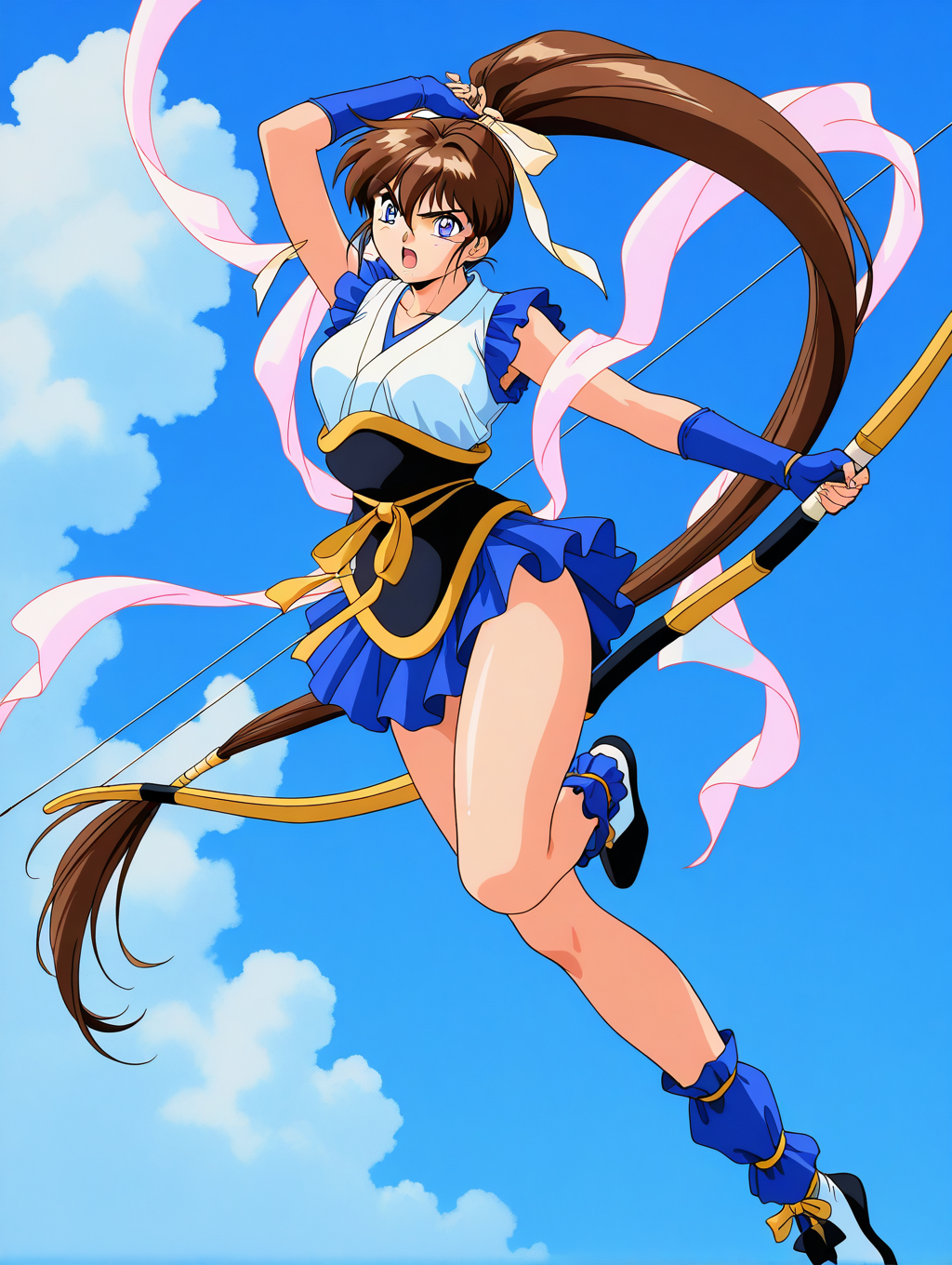 general,highres, ultra-detailed,very aesthetic,best quality ,best hands,  BREAK <lora:Amatsu_Ai_IS:1>Amatsu_Ai, brown hair, ponytail, very long hair, ribbon, hair ribbon, hair bow, breasts, blue eyes, bangs, purple eyes, high ponytail, 1990s \(style\),anime coloring, BREAK, hagoromo, blue gloves, fingerless gloves, full body, shoes, serious face, fighting pause, bow (weapon), 
sash, skirt, open mouth, japanese clothes, obi, head out of frame, thighs, sleeveless,  collarbone, arm up,  blue skirt,
sky, day,