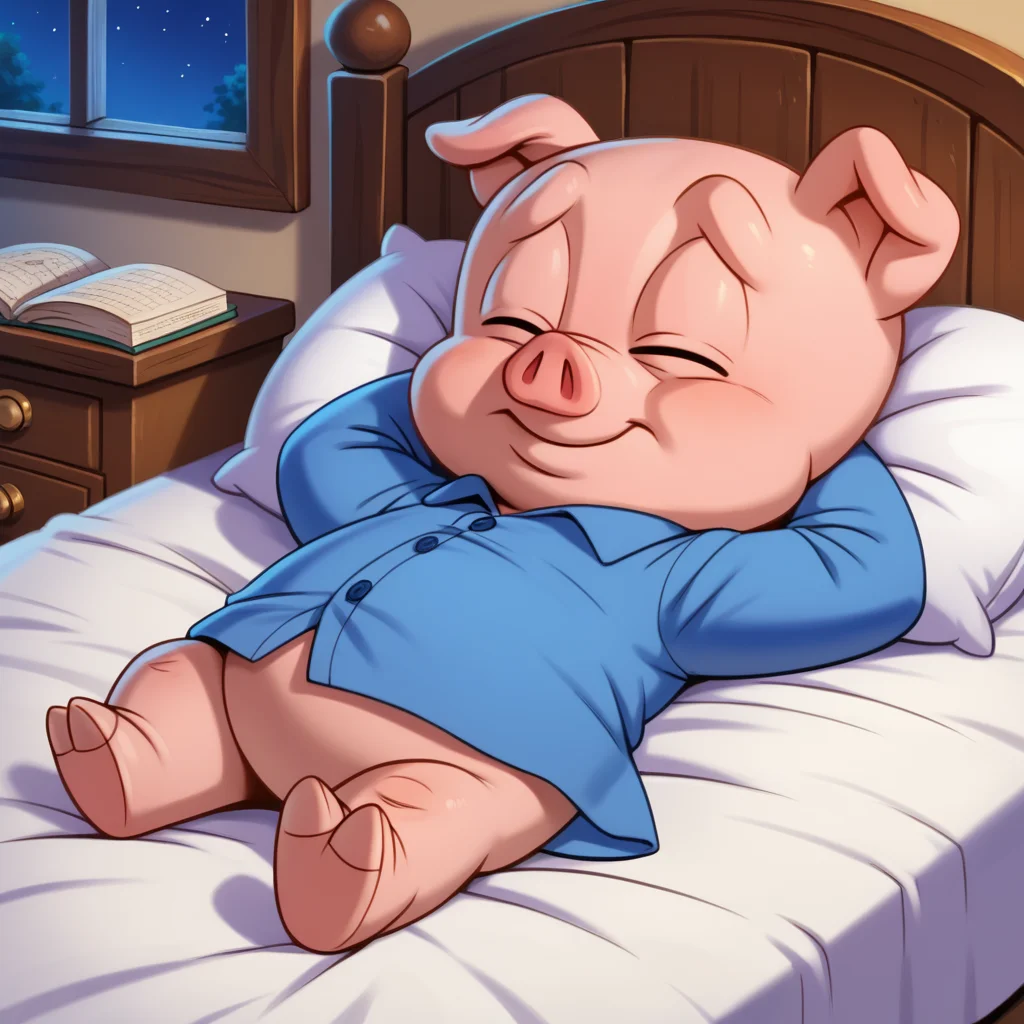 <lora:hamton-v1-11:0.9> tthamtonjp, pig boy, (anthropomorphic pig), gnome, night, blue nightshirt, lying, barefoot, solo, bed, bottomless, (dark), sleeping, 4k, masterpiece, high quality, 2toes, 3finger hand,, score_9, score_8_up, score_7_up, score_6_up, score_5_up, score_4_up