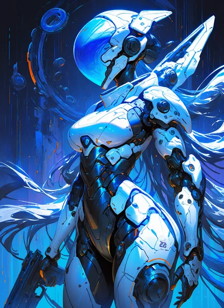 masterpiece, best quality, newest, absurdres, highres, painting, mcnm, 1girl, digital, robotic helmet, armor, futuristic gun, abstract background, detailed, <lora:Mechanism-Illustious:1.0>