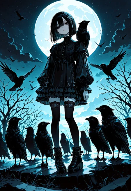 masterpiece, best quality, 1girl, solo, black hair, bob cut, feathered hair ornament, hair between eyes, solid black eyes, detailed eyes, mole under eye, makeup,eyelashes, expressionless,(pale skin:0.7), goth fashion, puffy sleeves,frilled dress, detached collard, lace trim,black thighhighs, zettai ryouiki, ankle boots, pigeon toed, head tilt, looking at viewer, crow on shoulder,animal,too many crows, animal focus, bare trees, backlighting, full moon, starry sky, clouds, eerie atmosphere, haze, cold light, dark theme, full body, portrait, close up, gothic, chromatic aberration, anime style, fine art, dutch angle, green outline,  scenery, limited palette, flat colors,  15546+456868, r17329_illu, Ethereal Brushstroke