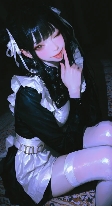 masterpiece, best quality, good quality, very awa, very aesthetic, absurdres, newest, 1girl, solo, long_hair, looking_at_viewer, smile, black_hair, dress, thighhighs, ribbon, jewelry, sitting, hair_ribbon, earrings,one_eye_closed, belt, hair_bun,black_dress, white_thighhighs, lips, maid, double_bun, piercing, white_ribbon, knees_up, index_finger_raised, finger_to_mouth, realistic, white_belt, carpet, finger_to_own_chin, asian,Pale skin,sparkling eye,tongue, From Side,Dutch Angle, dynamic Lighting, <lora:ponyv4_noob1_2_adamW-000017:0.7> <lora:USNR_STYLE_XL_lokr:0.45> <lora:745cmSDXLvpred75S:0.4>