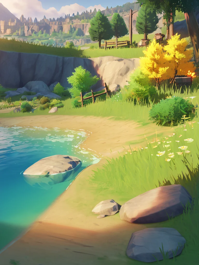 score_9, score_8_up, score_7_up, score_6_up, score_5_up, score_4_up, source_anime, official art, <lora:mondstadt_background-ponyxl-v11h:1>, mondstadt, outdoors, scenery, field, nature, tree, grass, rock, water, river, bush, road, path, flower, plant, mountain, horizon