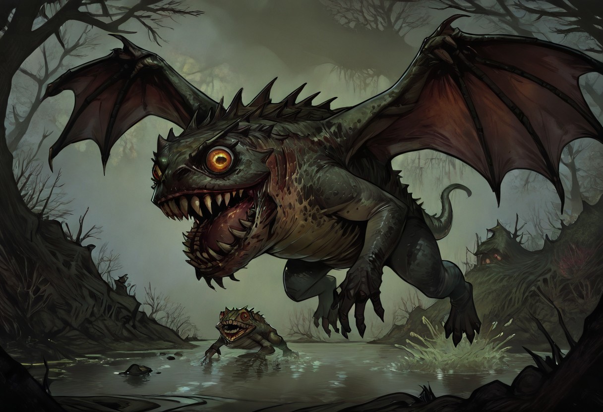 masterpiece, best quality, newest, absurdres, highres,  
TTCSV1.0, cherry-gig, 
Droad-V1.0, dragon, toad, frog, monster, no humans, animal focus, teeth, sharp teeth, claws, roar, open mouth, sharp claws, horror (theme), dark fantasy, swamp, wings, flying,