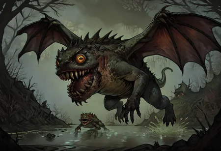 masterpiece, best quality, newest, absurdres, highres,
TTCSV1.0, cherry-gig,
Droad-V1.0, dragon, toad, frog, monster, no humans, animal focus, teeth, sharp teeth, claws, roar, open mouth, sharp claws, horror (theme), dark fantasy, swamp, wings, flying,