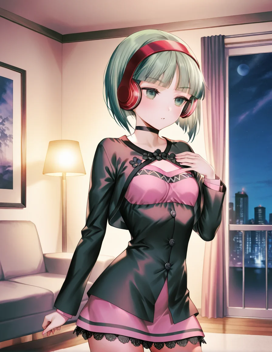 artist:gomzi,artist:wanke,artist:diyokama, rei_(sanbonzakura),[[artist:fuzichoco]],year 2023,
1girl, solo, phonon \(under night in-birth\), green eyes, green hair, short hair, blunt bangs, headphones, red headwear , black collar, shrug \(clothing\), black dress, pink dress, frilled dress, 
night, cowboy shot, living room,
<lora:uni_femaleplayables.ilxl:1>