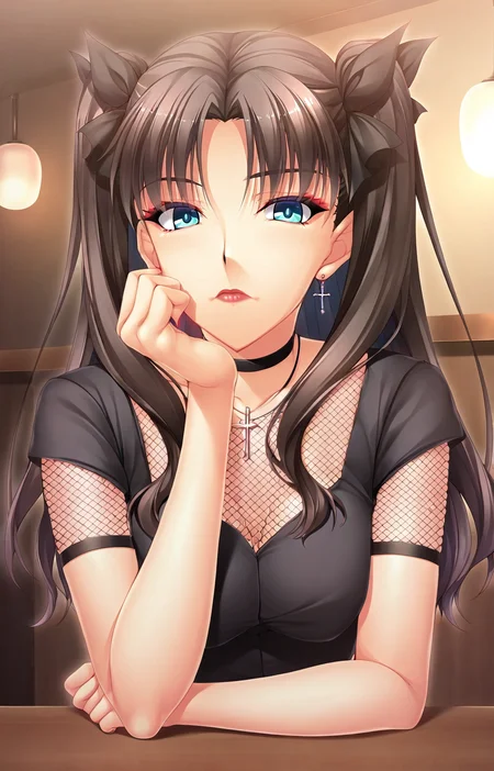 1girl, solo, tohsaka rin, looking at viewer, bangs, shirt, black hair, hair ornament, closed mouth, upper body, short sleeves, earrings, indoors, necklace, black shirt, makeup, piercing, cross, ear piercing, fishnets, head rest, red lips, bar, masterpiece, best quality, 8k, absurdres, very aesthetic,
<lora:kobapyon-10:0.7>