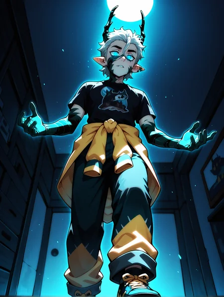 masterpiece, best quality, perfect hands, hyper-Detailed, amazing quality, very aesthetic, amazing quality, dynamic angle, solo, 22 years old, imtdpossesedhunter, 1boy, male, masculine, fit body, shirt, pointy ears, horns, short hair, blue eyes, glowing eyes, black shirt, colored skin, antlers, short sleeves, clothes around waist, pants, grey hair, green skin, shoes, seductive look, from below.
