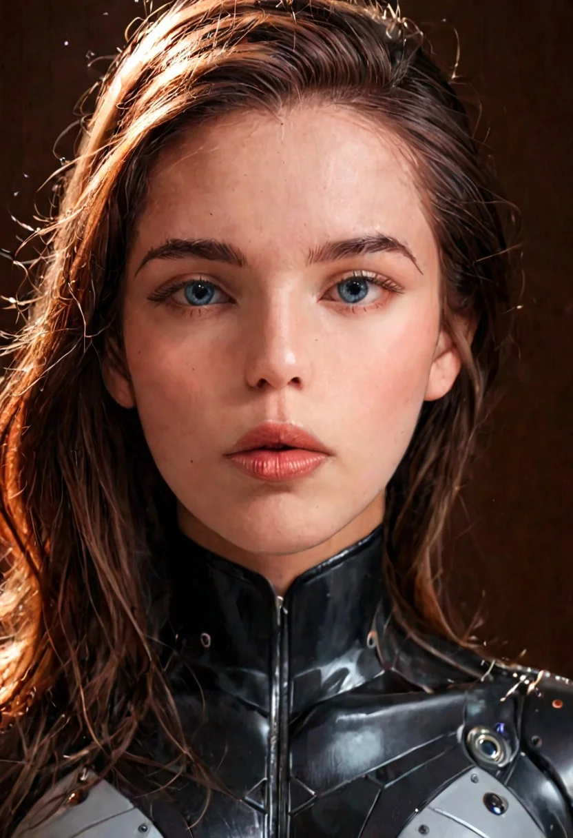 score_9, Raw Photo, (detailed portrait shot:1.2), 4ng3l face, sorrowful blue eyes with deep pain, tousled brown hair swept back with windswept loose strands:1.1, natural styled eyebrows slightly furrowed:0.8, high cheekbones, downturned soft lips:1.2, no smile:1.4, heartache expression, flawless skin with gentle warmth:1.2, perfect face symmetry:1.2, grief in eyes, mournful elegant expression:1.3, ultra sharp facial details:1.4, sleek high-tech bodysuit with geometric armor panels:1.1, glossy black suit segments with chrome accents:1.2, intricate cybernetic shoulder panels, golden hour lighting:1.3, cinematic color grading, sharp details:1.4, realistic skin texture:1.4, super detailed, film grain:0.2, hyperdetailed:1.15, photo realistic, commercial grade, 8k uhd, masterpiece
