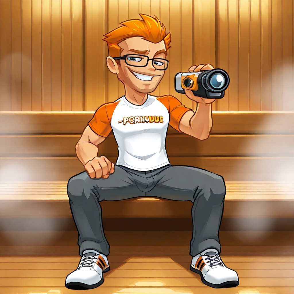 masterpiece, very detailed, very aesthetic, best quality, 8k, newest, solo male, porndude, ginger, glasses, text on clothing, full body, pants, sneakers, holding camera, smug, half-closed eyes, sauna, steam room,