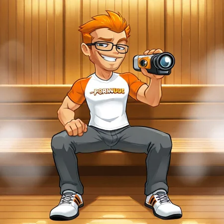masterpiece, very detailed, very aesthetic, best quality, 8k, newest, solo male, porndude, ginger, glasses, text on clothing, full body, pants, sneakers, holding camera, smug, half-closed eyes, sauna, steam room,