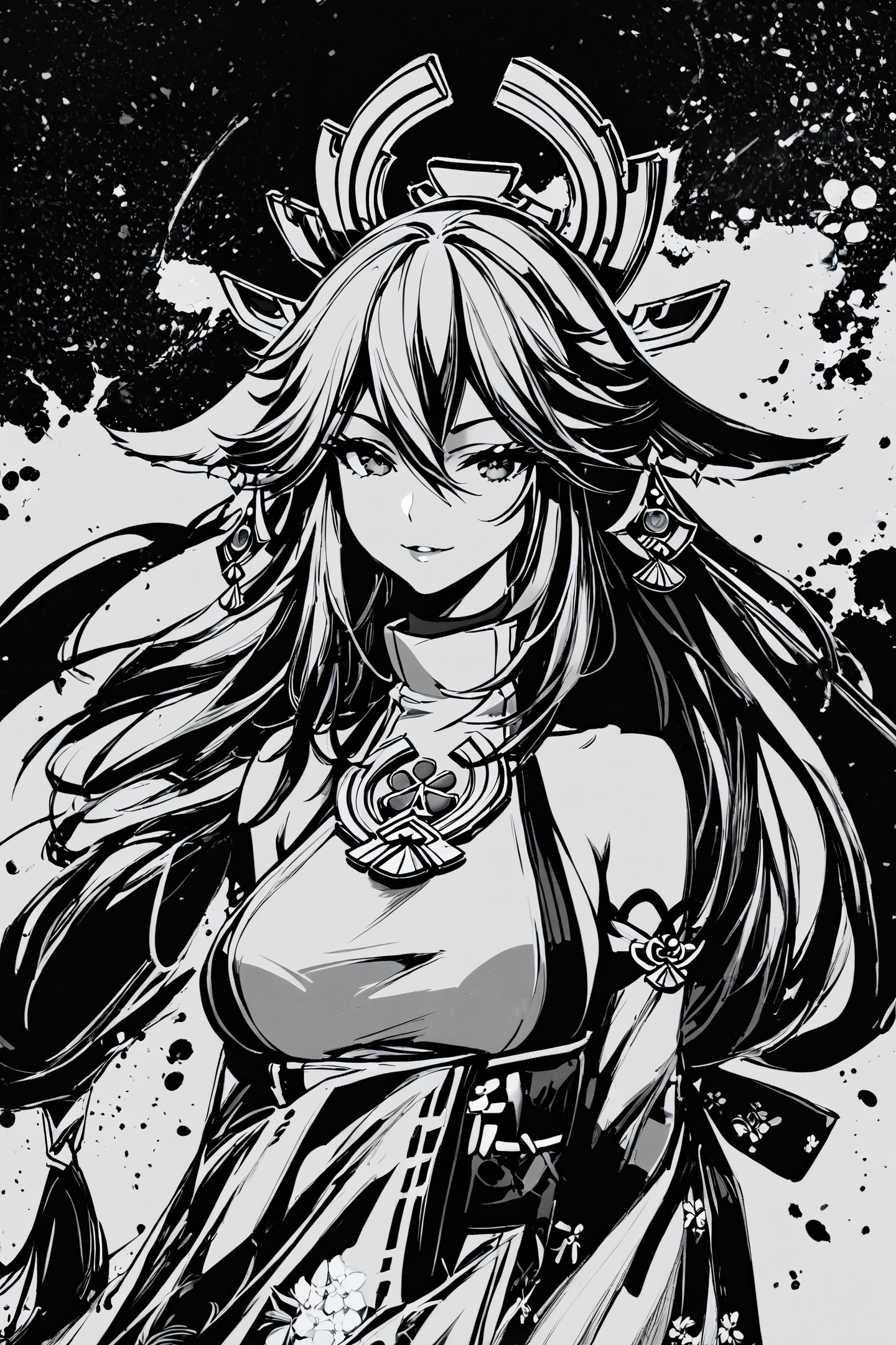 score_9,score_8_up,score_7_up,masterpiece,best quality,
ink \(medium\),1girl,(monochrome,greyscale:1.5),solo,yae miko,long hair,animal ears,fox ears,breasts,wide sleeves,detached sleeves,hair between eyes,low-tied long hair,japanese clothes,earrings,looking at viewer,hair ornament,
<lora:okazu_XL_PONY:1>,