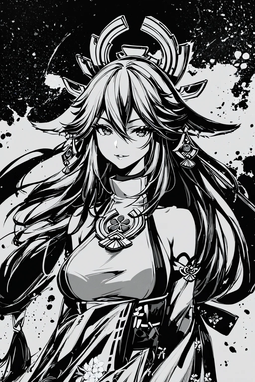 score_9,score_8_up,score_7_up,masterpiece,best quality,
ink \(medium\),1girl,(monochrome,greyscale:1.5),solo,yae miko,long hair,animal ears,fox ears,breasts,wide sleeves,detached sleeves,hair between eyes,low-tied long hair,japanese clothes,earrings,looking at viewer,hair ornament,
<lora:okazu_XL_PONY:1>,