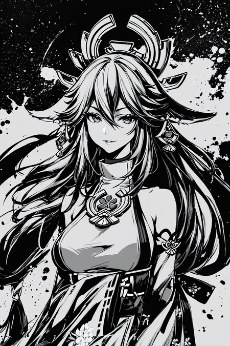 score_9,score_8_up,score_7_up,masterpiece,best quality,
ink \(medium\),1girl,(monochrome,greyscale:1.5),solo,yae miko,long hair,animal ears,fox ears,breasts,wide sleeves,detached sleeves,hair between eyes,low-tied long hair,japanese clothes,earrings,looking at viewer,hair ornament,
<lora:okazu_XL_PONY:1>,