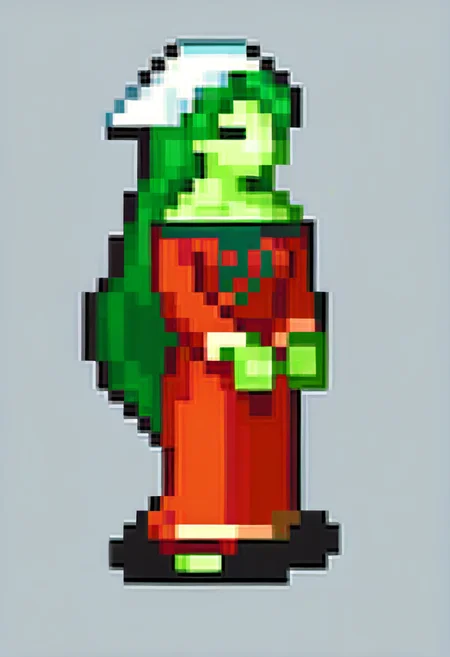 score_9, score_7_up, source_anime, 1girl, skirt hold, closed eyes, <lora:FEGBA-SpritesV2-pdxl_Fp:1> simple background, pixel art, full body, <lora:zs_SilkyXL:1> silkysmt, green hair, long hair, green skin, colored skin, collarbone, head scarf, red dress