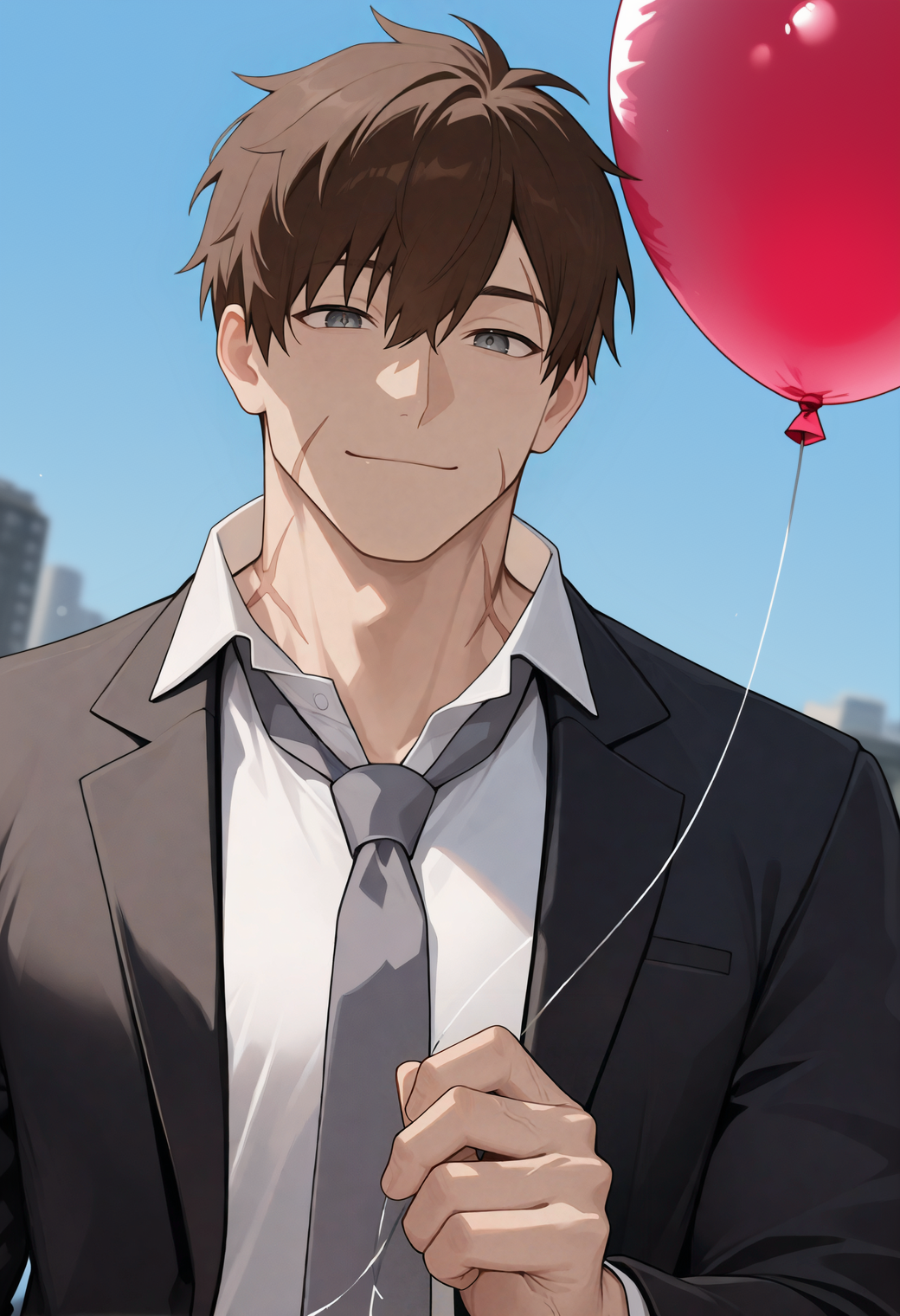 masterpiece,best quality,
1boy,solo,
<lora:noor_NAI_EPS_1_1_CAME_v2_adjusted_repeats:1>,
n00r,brown hair,short hair,grey eyes,scar across eyebrow,scar on cheek,scar on neck,
formal,black suit,grey necktie,open jacket,white shirt,collared shirt,dutch angle,holding balloon,( :1.1),blue sky,happy,smile,
blurry background,outdoors