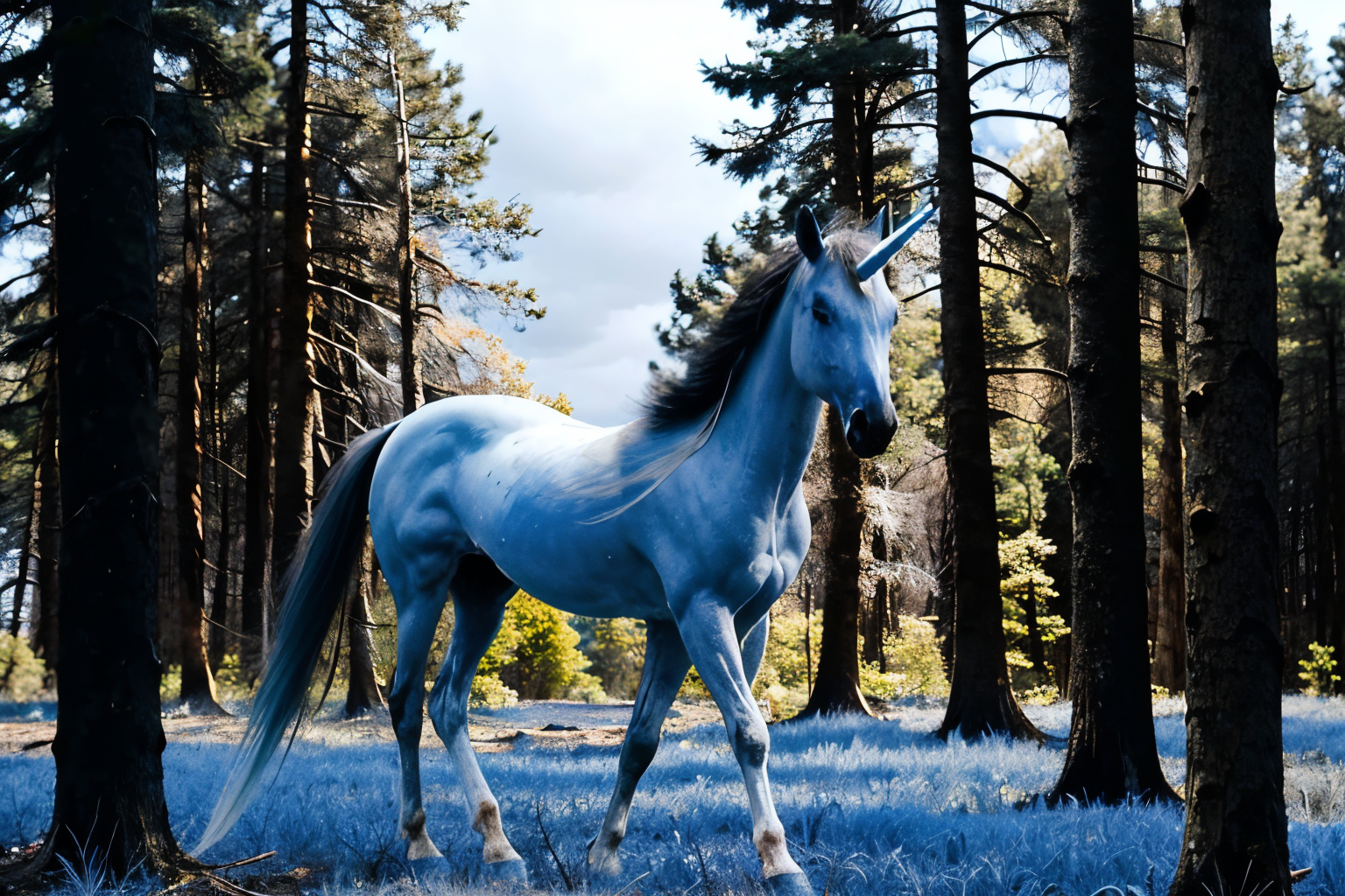 in dead forest (Realisitc:1.5) (Black and blue:1.5) unicorn <lora:EdobUnicorn_v1.0:0.8>