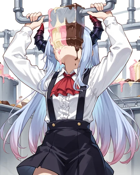 score_9, score_8_up, score_7_up, source_anime,
 <lora:ArcoV2_r1:0.8>  1girl, solo, Arco, long hair, gradient hair, white hair, lilac hair, bangs, (horns:1.2), red ascot, white shirt, black suspenders, black short skirt, red ascot, white shirt, black suspenders,
<lora:iceCreamachine_pony_01a03:1> ice cream machine, covered face, head back, close-up shot, arms up, holding, (ice cream on body, ice cream on face, ice cream stains),