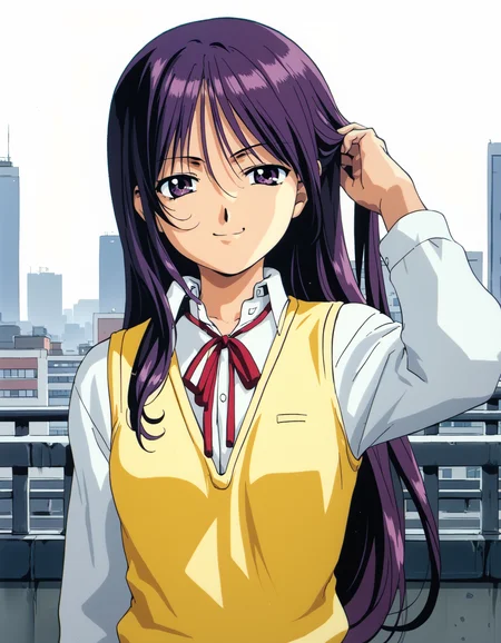 score_9, score_8_up, score_7_up, <lora:to-heart-ponyxl:0.9> 1girl, solo, kurusugawa ayaka, long hair, purple hair, sweater vest, yellow vest, white shirt, neck ribbon, confident, smirk, hand in own hair, skyline