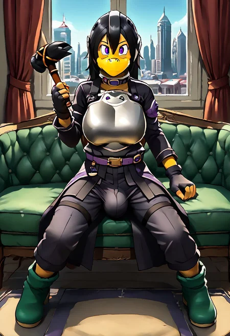 score_9, score_8_up, source_anime, source_furry, fullbody, 1futa, solo, mature female, curvy, (large breasts:1.5), (large bulge:1.1), black hair, chestplate, chest armor, breastplate, breast armor, black outfit, long sleeve, fingerless glove, kirito, long hair, purple eyes, collar, boots, long pants, waistband, belt, skirt, purple gem on belt, croptop, hammerbro, helmet, boots, green footwear, holding, hammer, weapon, sitting, on couch, room, window, curtains, cityscape, blue sky