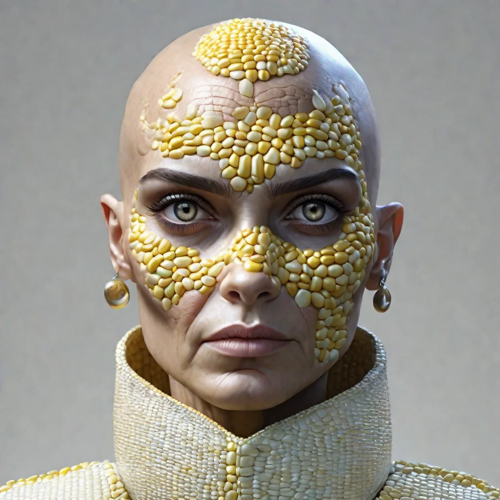 <lora:CornKernelStyle:1>(she has corn kernel skin:2),<lora:Hoor:1>woman,In an ultra-realistic,the bald girl with a serene expression, Her scalp is smooth and even-toned, with a slight sheen that reflects the ambient light,The natural contours of her head are gently defined, highlighting the curvature of her skull,Fine, barely visible lines and the natural texture of skin add to the authenticity,Her face is expressive, with clear, bright eyes,The delicate arches of her eyebrows frame her eyes, adding to the intensity of her gaze,She has well-defined cheekbones