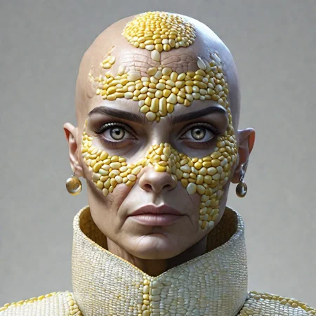 <lora:CornKernelStyle:1>(she has corn kernel skin:2),<lora:Hoor:1>woman,In an ultra-realistic,the bald girl with a serene expression, Her scalp is smooth and even-toned, with a slight sheen that reflects the ambient light,The natural contours of her head are gently defined, highlighting the curvature of her skull,Fine, barely visible lines and the natural texture of skin add to the authenticity,Her face is expressive, with clear, bright eyes,The delicate arches of her eyebrows frame her eyes, adding to the intensity of her gaze,She has well-defined cheekbones