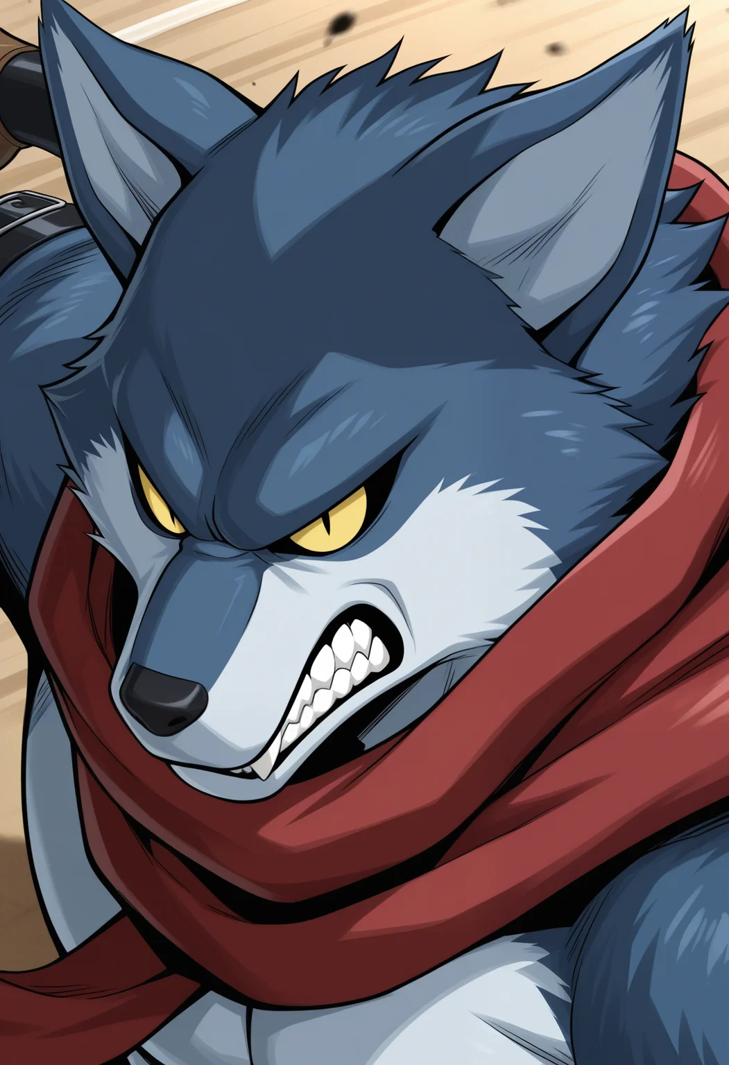masterpiece,best quality,amazing quality, 1boy, solo, b3rg4m0, wolf boy, blue fur, colored sclera, slit pupils, red scarf, close up, side angle, angry, tournament,