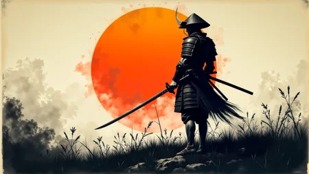 A minimal Anthotype print of the last weary samurai standing after an intense battle. He wears no armor nor any helmet. He holds his sword in hand. He is battered, bruised, and bleeds from several minor wounds. He is weary, disgusted, disheartened, and saddened at the lives that were lost. A prominent orange rising sun dominates the background. This is a full frame body shot, from head to feet, providing a environmental wide angle view of the entire body. intricate details, masterpiece, best quality. Soft volumetric lighting. <flux_realism_lora:0.42> <FluxDFaeTasticDetails:0.36> <BaroqueColorful:0.48>