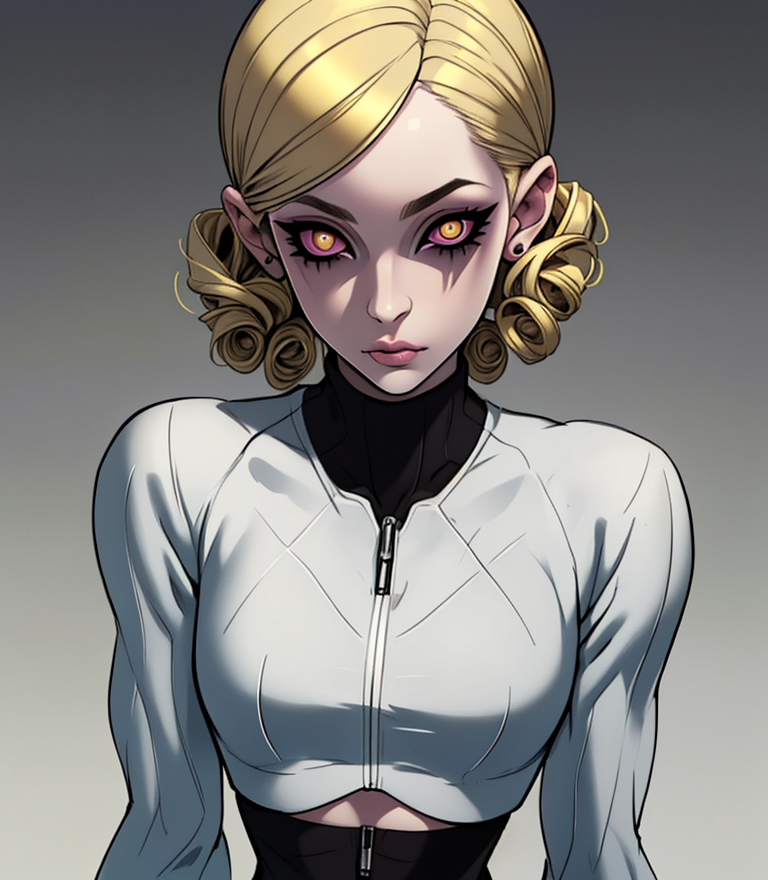The Onryo, pale 20 y.o college woman with beautiful face, simple makeup long eyeliner, fit body, slim hipsbone, spandex ribbed tight intricate turtleneck, (curly:1.2) pixie blonde haircut, <lora:TheOnryo-09:0.7>, Overcast light, <lora:weight_slider_v2:-0.4>, microwaist <lora:microwaist_4_z:0.3>, yellow eyes with (black sclera:1.1) and (big black pupils:1.2)