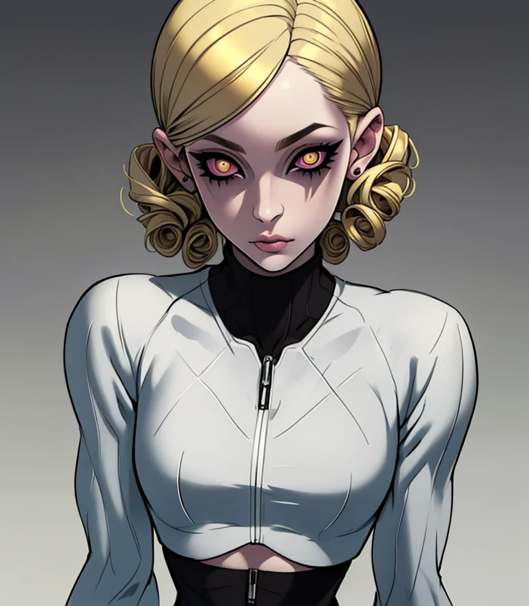 The Onryo, pale 20 y.o college woman with beautiful face, simple makeup long eyeliner, fit body, slim hipsbone, spandex ribbed tight intricate turtleneck, (curly:1.2) pixie blonde haircut, <lora:TheOnryo-09:0.7>, Overcast light, <lora:weight_slider_v2:-0.4>, microwaist <lora:microwaist_4_z:0.3>, yellow eyes with (black sclera:1.1) and (big black pupils:1.2)
