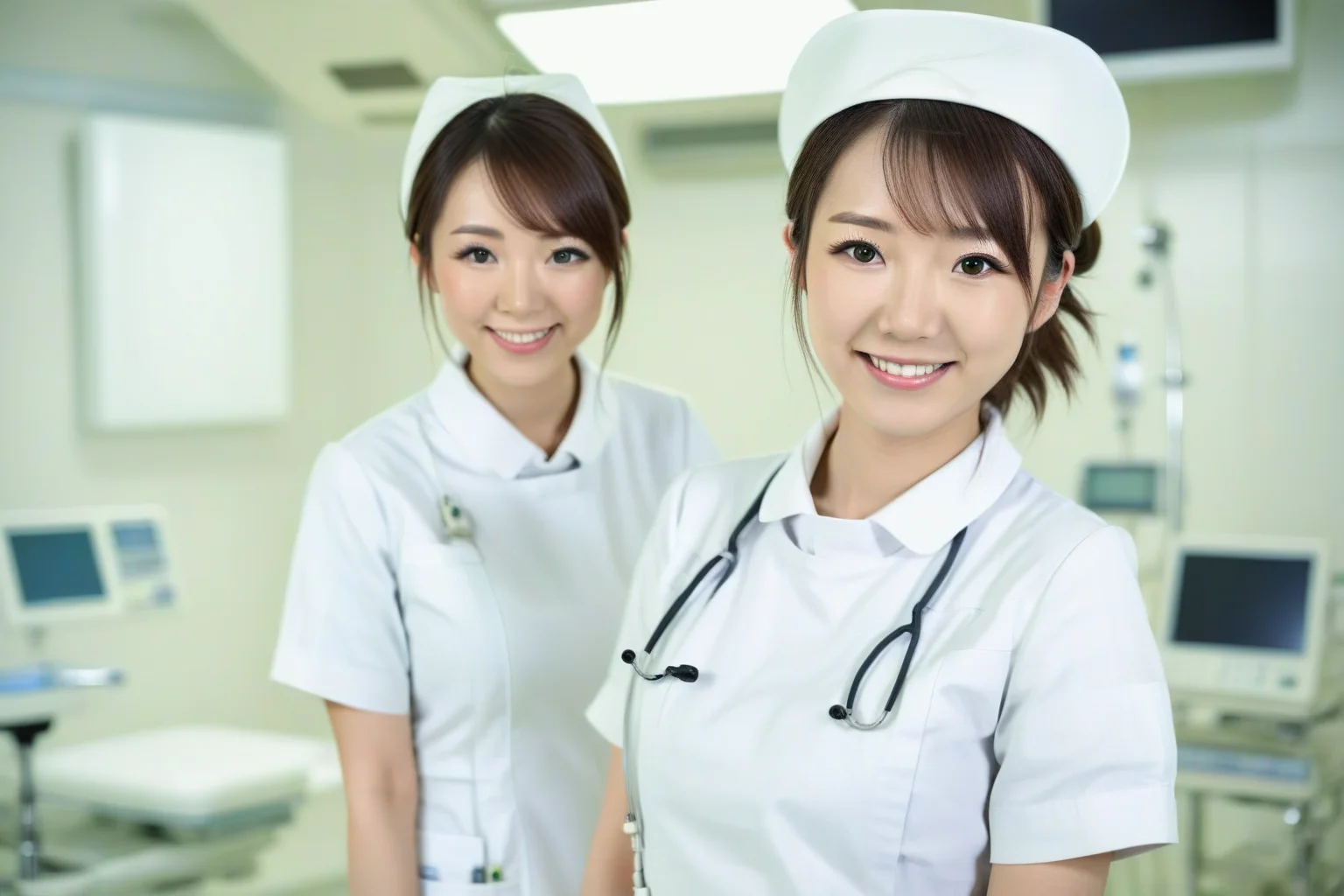 Inside a modern operating room, a young Japanese nurse wears white nurse uniform with nurse cap, with a gentle smile on the face. Full body. DSLR, focused, blurred background,
<lora:nurse_uniform_xl_v1-000003:1>