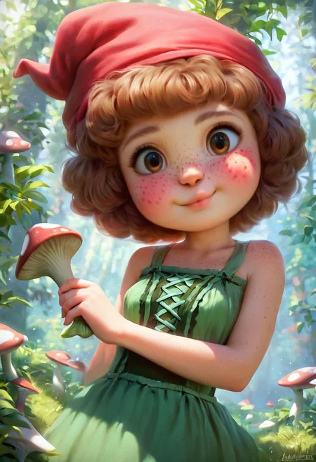 (score_9, score_8_up), (high quality, detailed, beautiful, realistic, 2.5d), (forest clearing, trees, mushrooms), ((female garden gnome:1.1), shortstack, petite, slender youthful body, medium breasts, pretty, cute girl), (adorable face, bushy light-brown hair, beautiful hazel eyes, cute upturned nose, soft cheeks, (round ears:0.9), freckles), ((red gnome cap:1.1), green rustic corset dress, waist apron), smooth Caucasian skin, body freckles, blushing, subsurface scattering