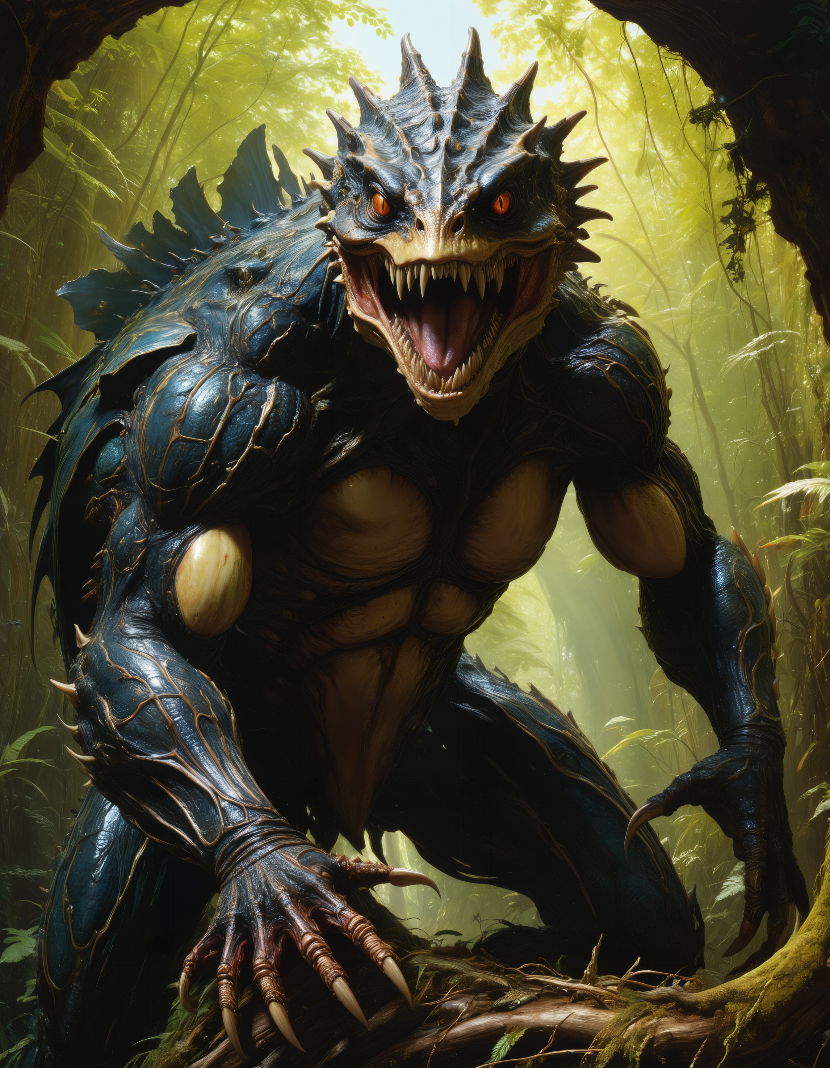 by (Roger Dean:1.2) and (Donato Giancola:1.1), hyper realistic medium full shot photo of  a (monster lurking in the shadows:1.1),  (reptilian , angelic , masterful:1.4), poster art, bold lines, hyper detailed, expressive,  award winning,  dark limited color palette, high contrast, depth of field, (intricate details, masterpiece, best quality:1.4),
RGB lighting, looking at viewer, dynamic pose, wide angle panoramic view,
<lora:add-detail-xl:0.8> <lora:xl_more_art-full_v1:0.5>  <lora:NicolaSamori:0.4> in the style of nicola samori <lora:looking_at_viewer:2>