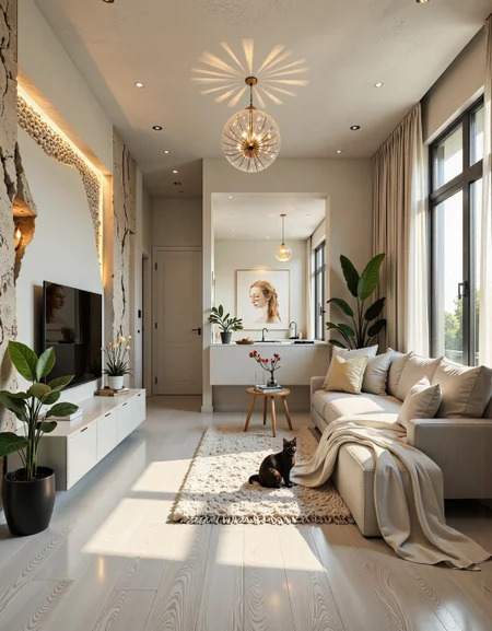 A photo of a cozy and stylish living room in a 30 sq.m studio apartment, designed in modern minimalism with personality and warmth. Light grey porcelain tile flooring with white wood texture, white soft rug in the center. A comfortable light-grey sofa against the far wall (opposite the window), floating TV console on the left wall under a flat-screen TV. the wall behind the TV has a stylish design solution with decorative inserts  imitation of natural stone, highlighting the TV area in a special way. beautiful lighting and chandelier.
One large window on the right side lets in natural soft daylight. The walls are painted light beige with a textured plaster finish. Add warm indirect lighting, a few green indoor plants, and artistic decor with soul — like handmade art or a personal photo. No yellow tint, keep colors neutral and soft. Include a real-looking playful cat on the rug or sofa, not stylized. The space should feel peaceful, lived-in, and personal — not like a showroom.warm and dreamy space. The overall decor combines modern and classic elements, creating a serene atmosphere.    <lora:CTAI-house in the rock:1> CTAI-house in the rock interior <lora:fluxenhancer:0.6>   <lora:Fluxartis Photography:1>