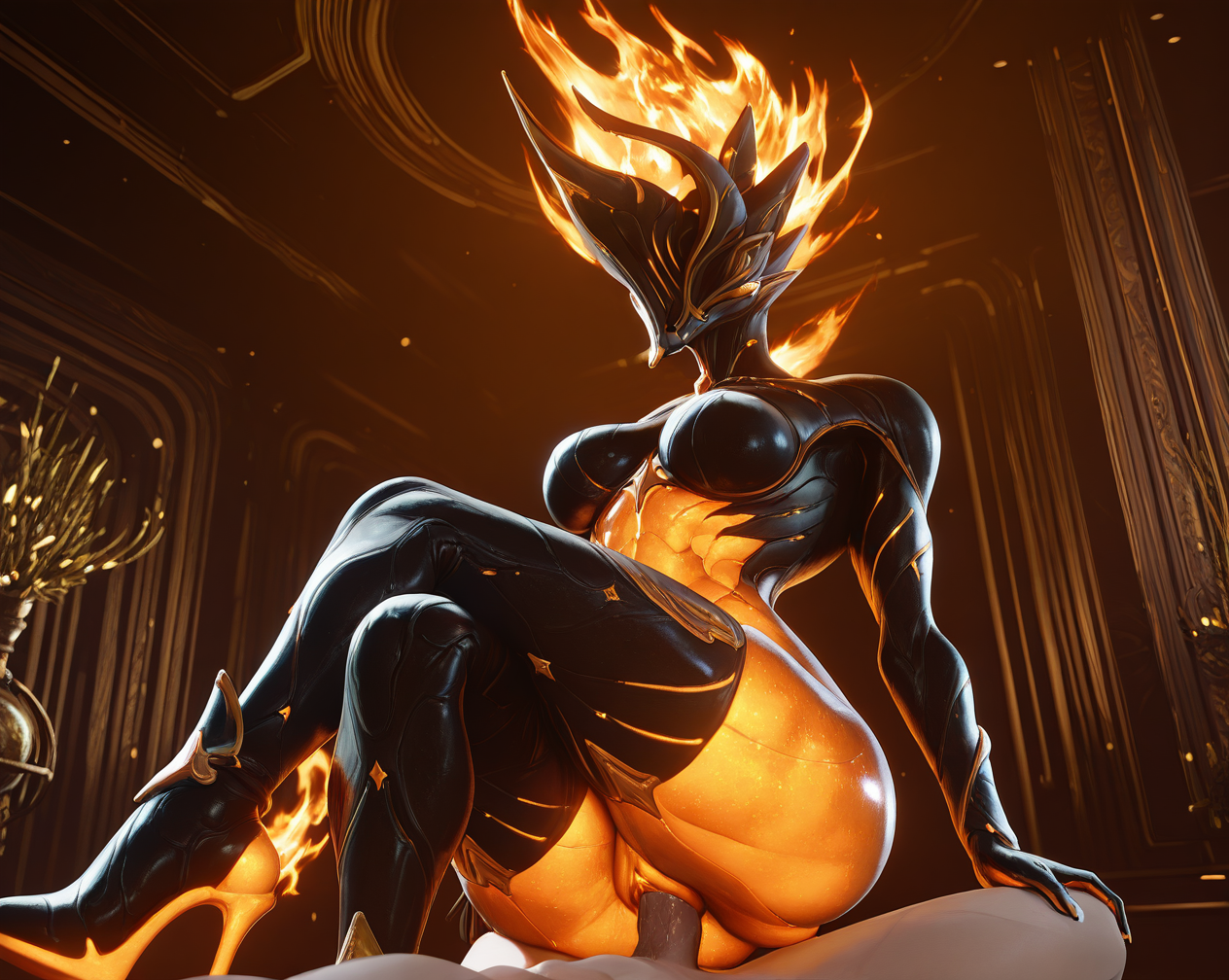 masterpiece, best quality, 3d, realistic, emberheirloom, 1girl, orange glowing body, fiery hair, cosmic body pattern, ornamented helmet, fiery high heels, thighhighs,skindentation, girl on top, straddling , crossed legs, vaginal ,  pov <lora:EmberHeirloomIL:1>